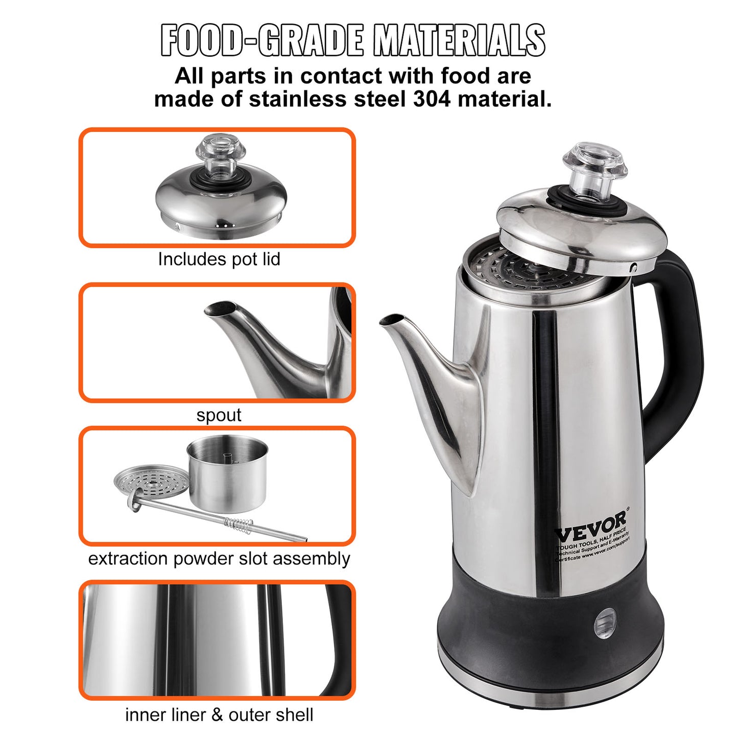 Electric Percolator Coffee Pot 12-Cup 304 Stainless Steel