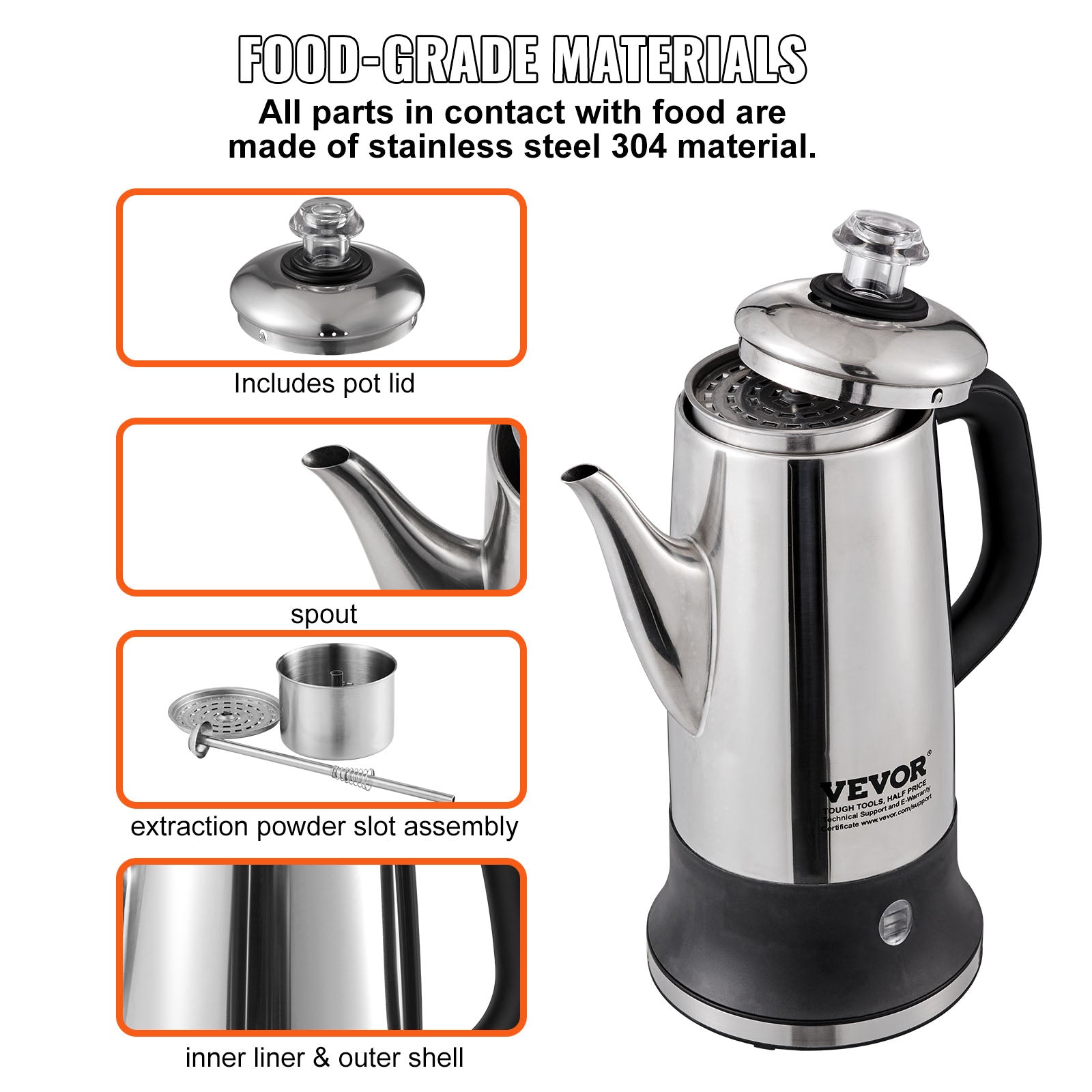 Electric Percolator Coffee Pot 12-Cup 304 Stainless Steel