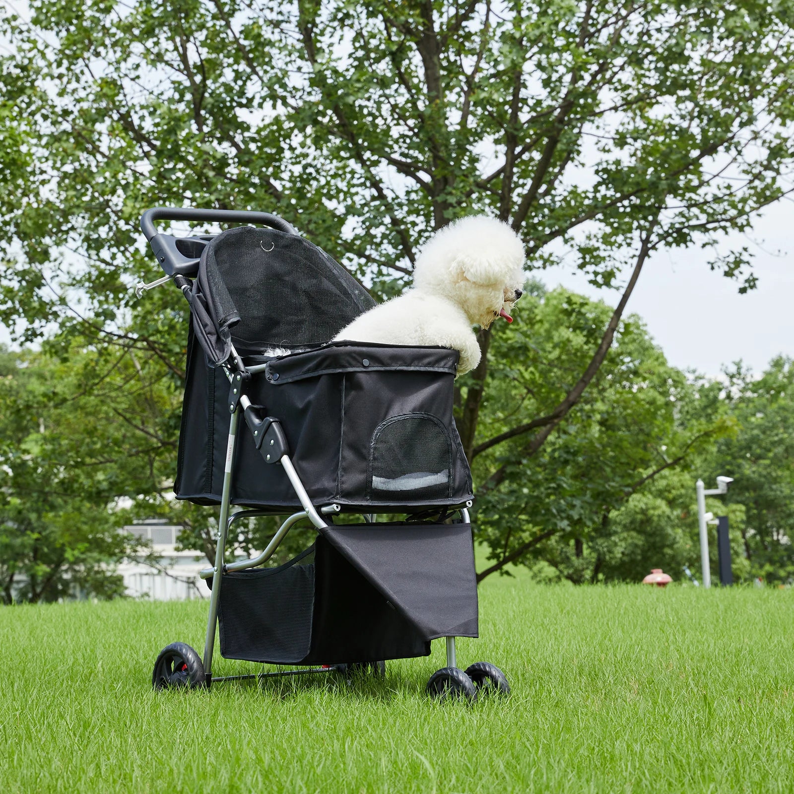 3-wheel pet stroller folded for travel