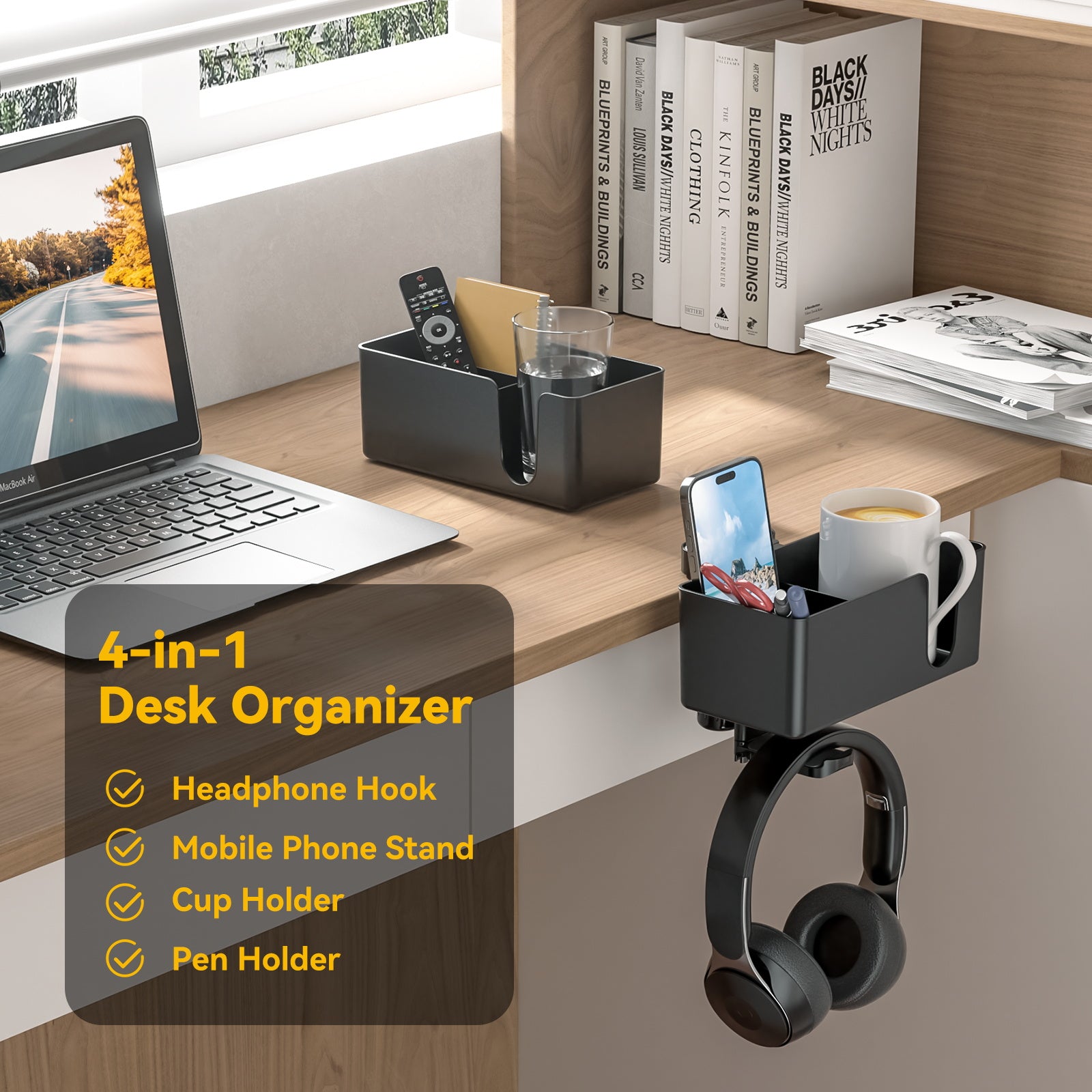 Clamp-On Desk Storage: Rotating Headphone & Cup Holder