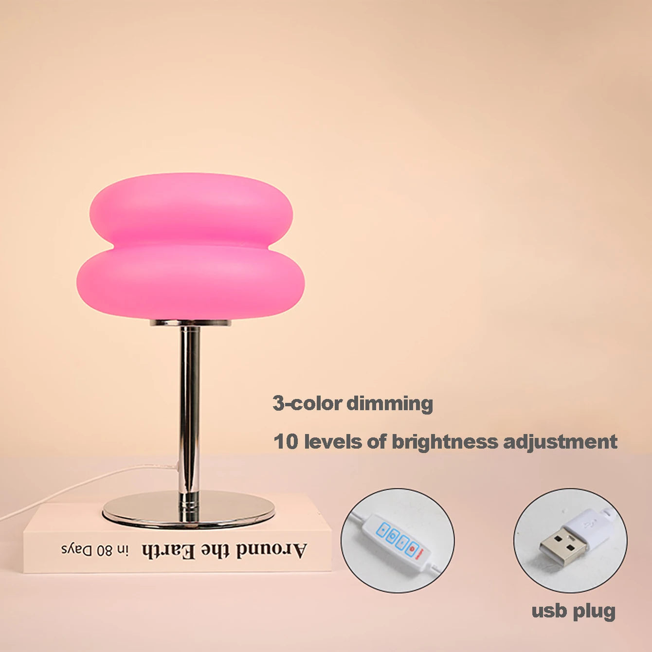 Mushroom LED Bedside Lamp - USB Plug, 9-Level Dimming