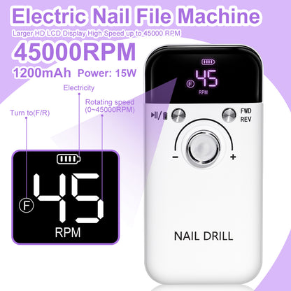Nail Drill 45000 RPM Rechargeable Electric File for Acrylic Gel