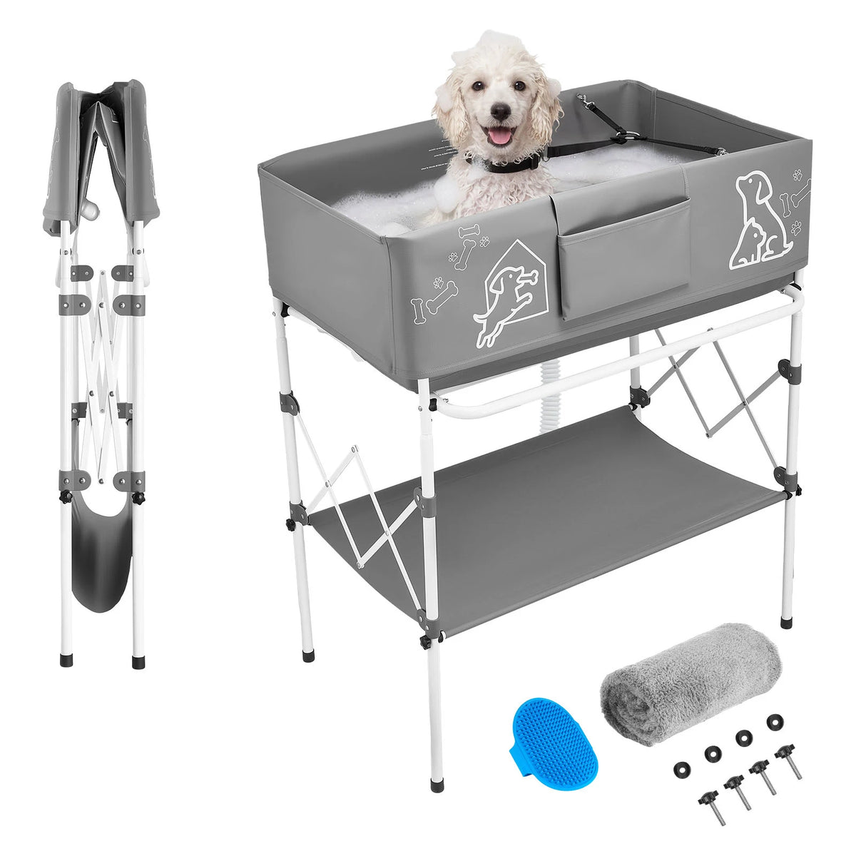 Elevated Folding Dog Bath Tub with Drain Hose – Raised Pet Washing Station for Small & Medium Dogs