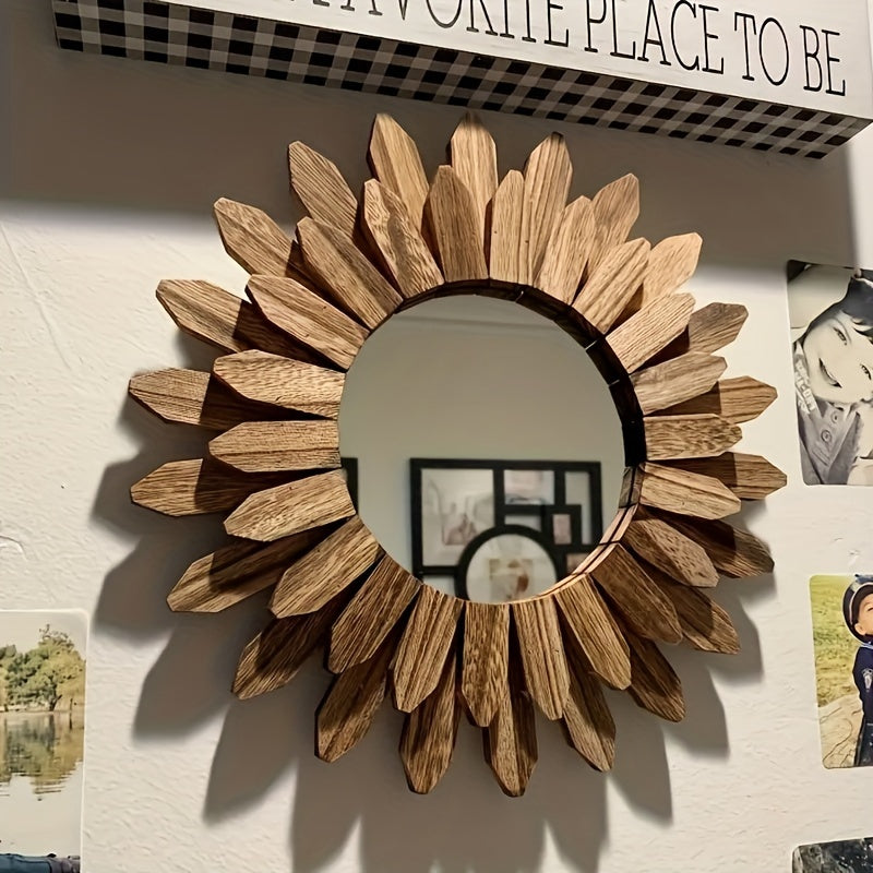 Bohemian Sunflower Wall Mirror - Wooden Decorative Art Piece
