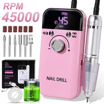 Nail Drill 45000 RPM Rechargeable Electric File for Acrylic Gel