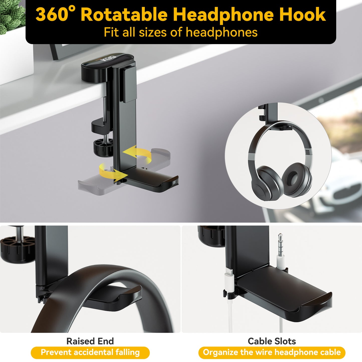 Clamp-On Desk Storage: Rotating Headphone & Cup Holder