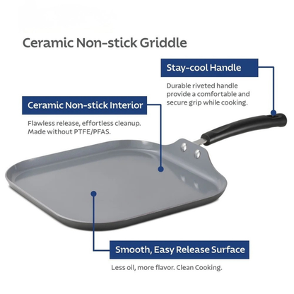 Nonstick Square Griddle - Dishwasher Safe, Stay-Cool Handle