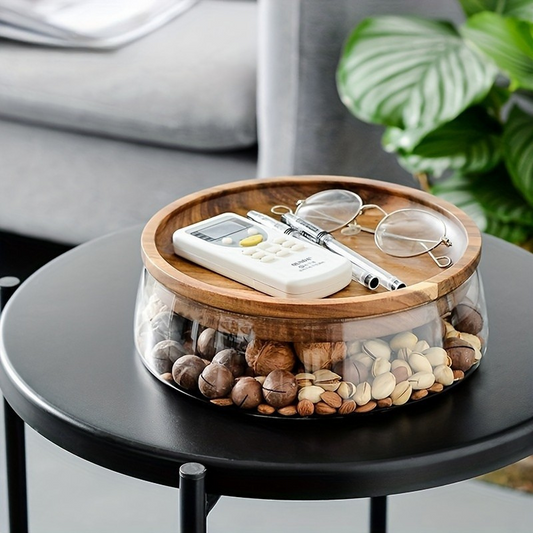 Wooden Tray Glass Bowl: Double Layer Candy & Nut Jar
