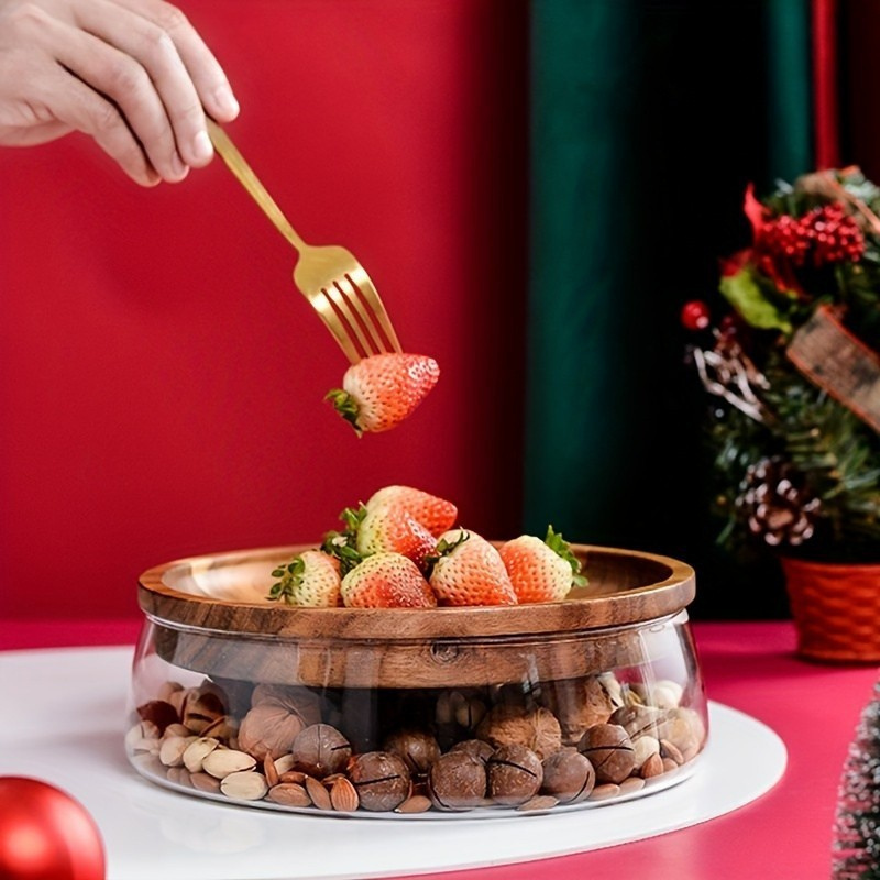 Wooden Tray Glass Bowl: Double Layer Candy & Nut Jar