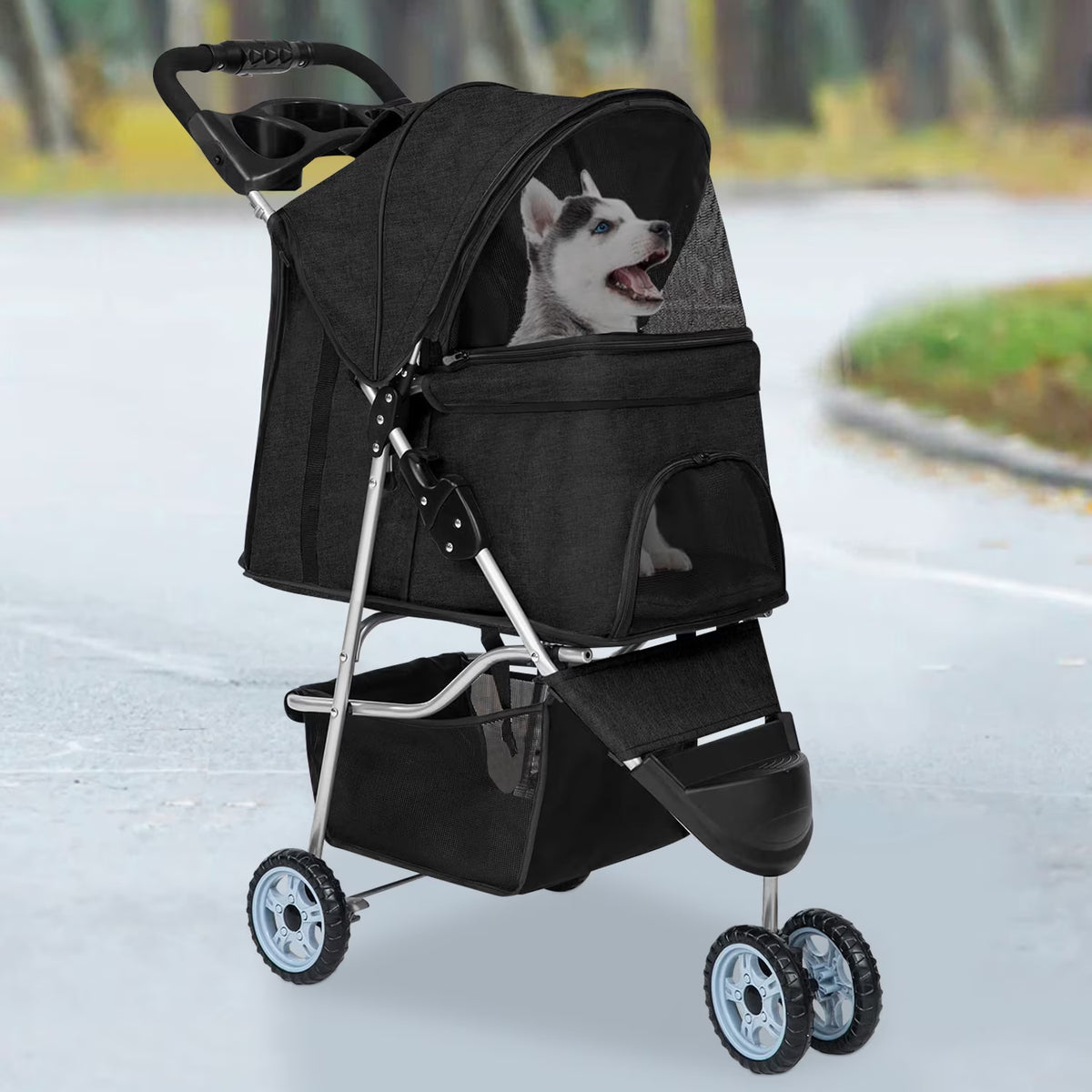 3-Wheel Foldable Pet Stroller for Small Dogs & Cats – Travel Stroller with Mesh Windows, Cup Holder & Storage Basket3 Wheels Pet Stroller Folding Dog Stroller Cat Stroller with Cup Holder & Storage Basket for Medium Small Dogs Cats, Black