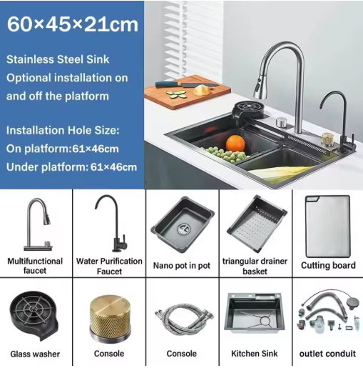 Stainless Steel Waterfall Kitchen Sink - Large Single Basin